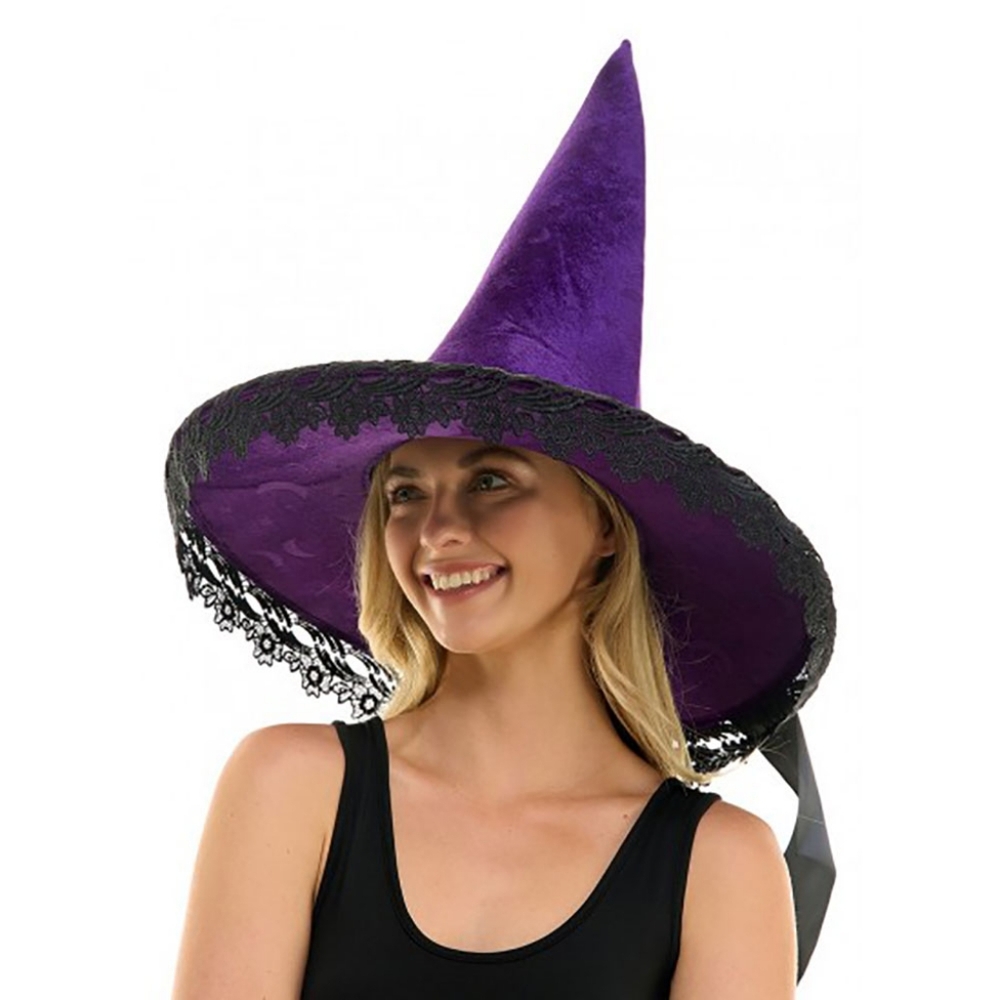 Purple Black Lace Pointed Witch Hat Halloween Costume Party Accessory Bow Flower